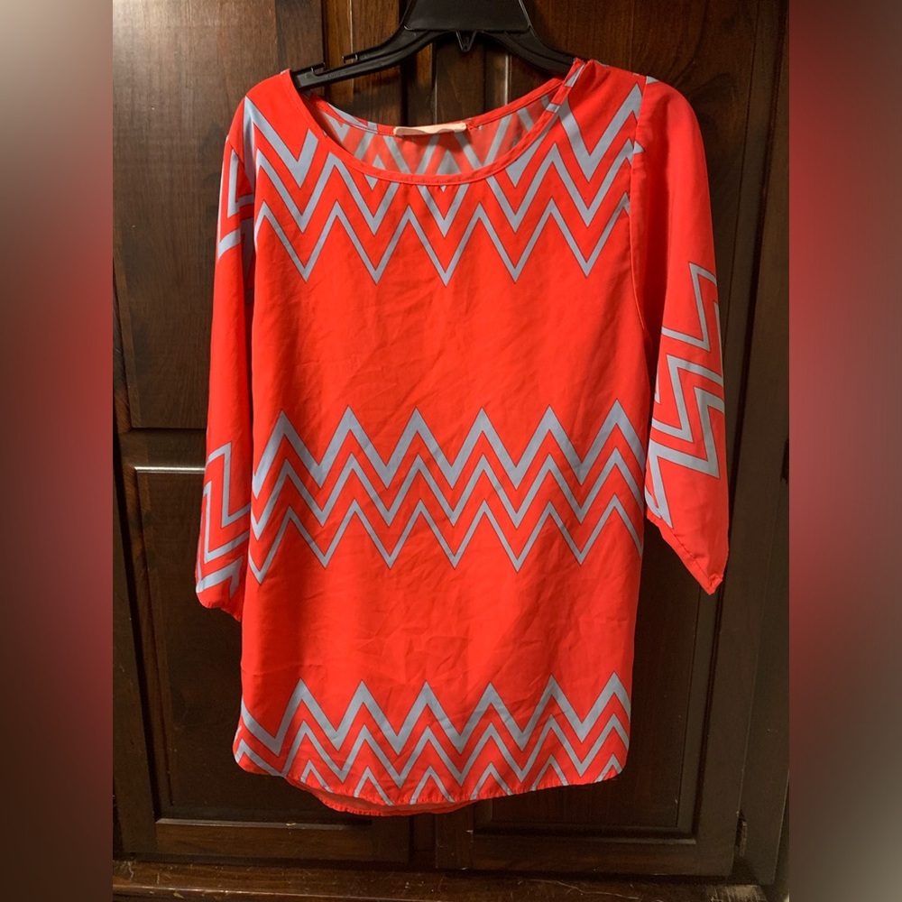 Large Blouse Peach Love 3/4 Sleeve Red Coral Blue Top Shirt summer resort light